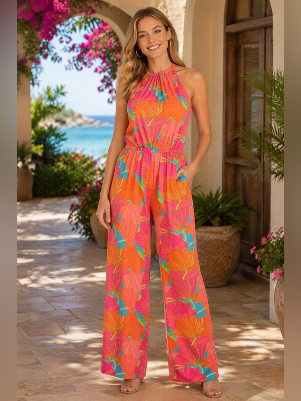 New Trina by Trina Turk Print Halter Juju Jumpsuit
